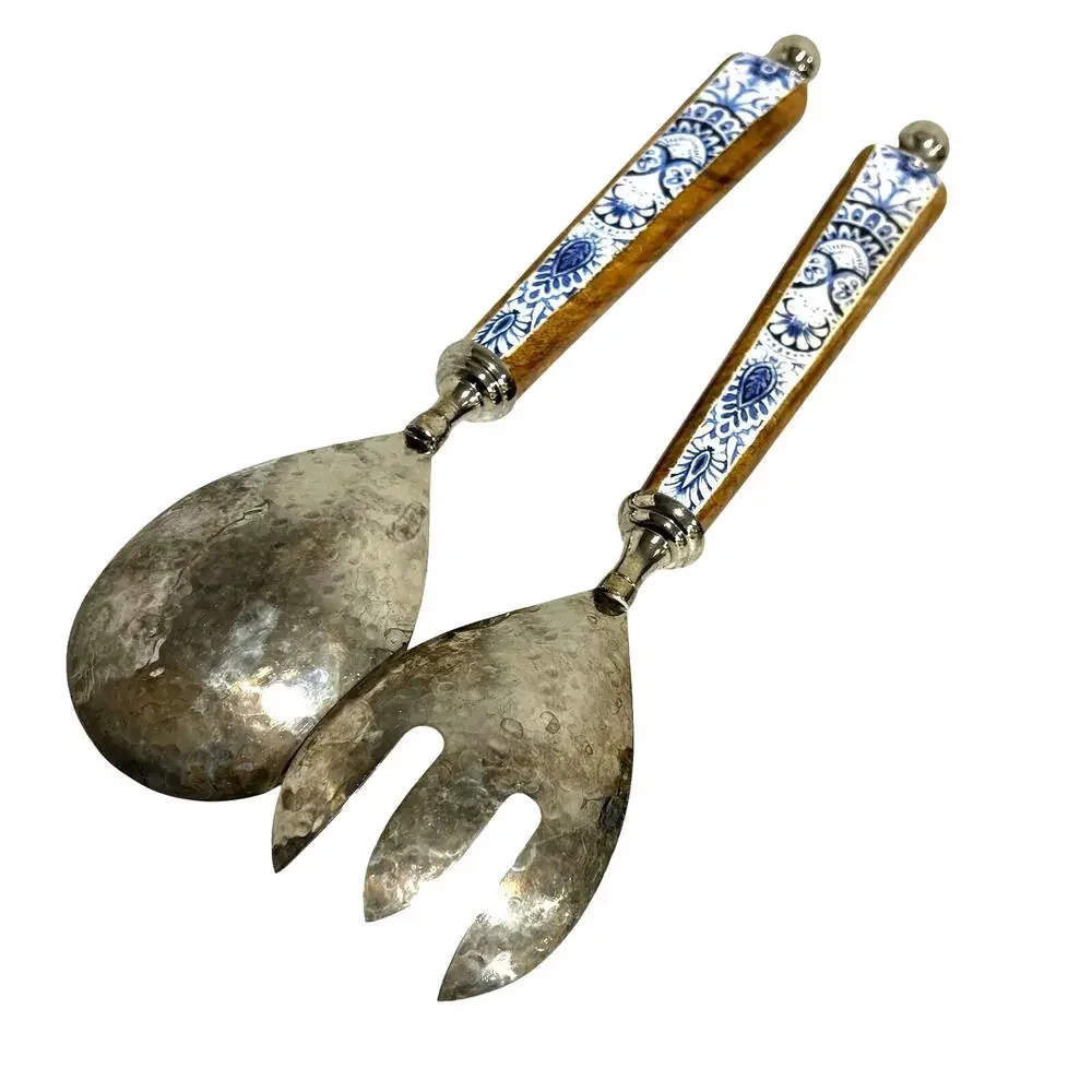 Salad serving fork & spoon wood handle blue & white hammered silvertone 2-pc set